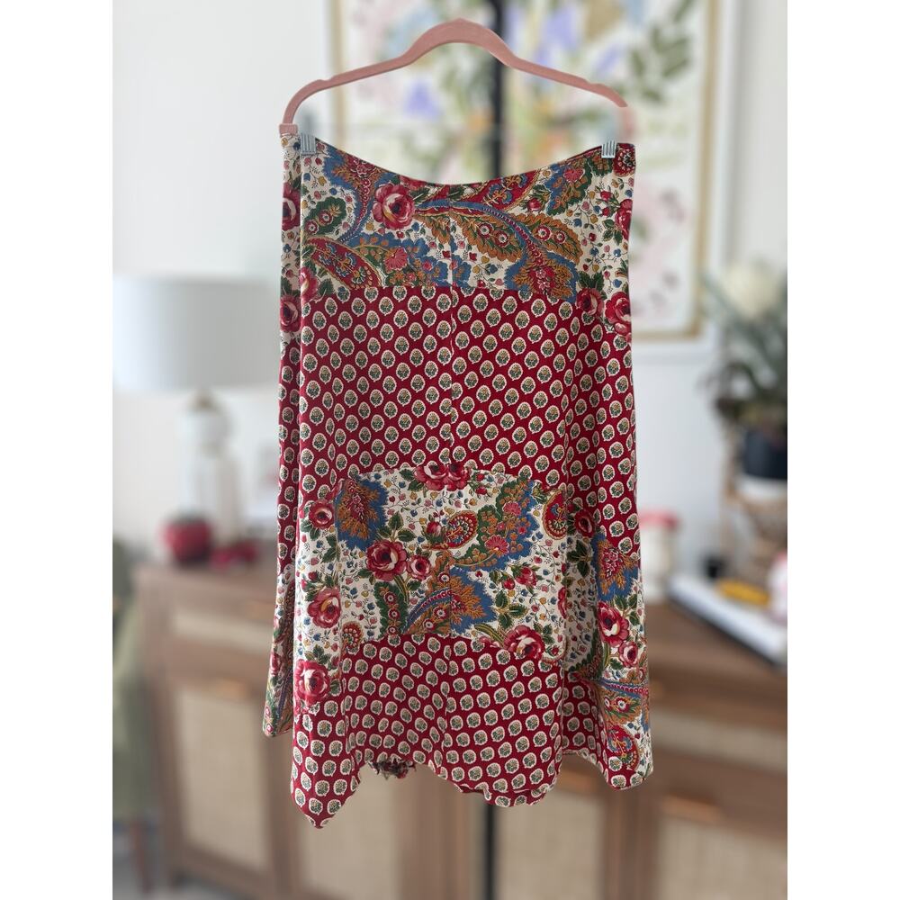 Handmade Paisley Floral Print A-Line Midi Skirt Red Multi Womens Size Large